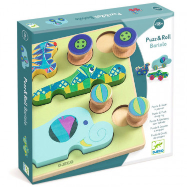 Puzz & Roll Bariolo, puzzle d'encastrement en bois et jouet à pousser DJECO 1081