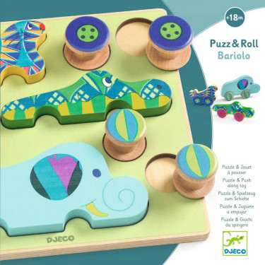 Puzz & Roll Bariolo, puzzle d'encastrement en bois et jouet à pousser DJECO 1081