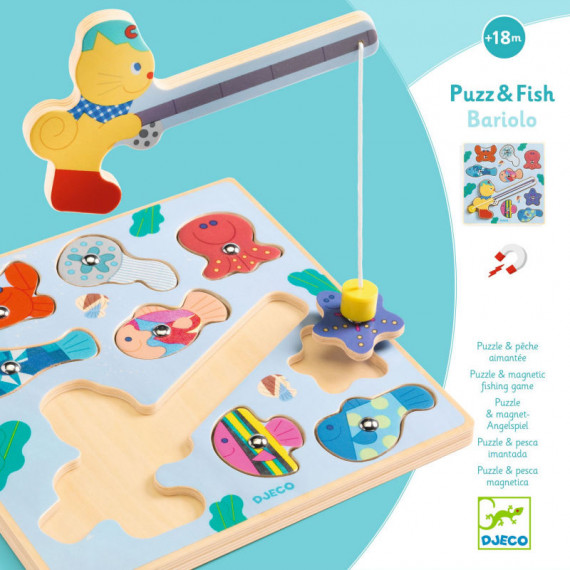 Puzz & Fish Bariolo, puzzle d'encastrement en bois et jeu de pêche aimanté DJECO 1082