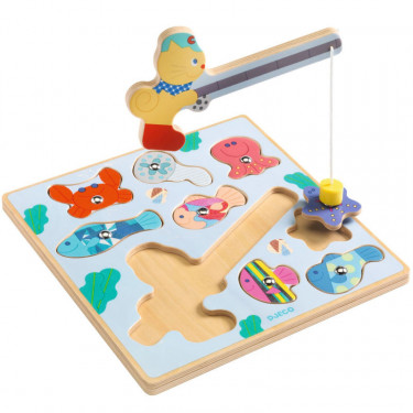 Puzz & Fish Bariolo, puzzle d'encastrement en bois et jeu de pêche aimanté DJECO 1082