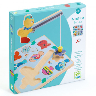 Puzz & Fish Bariolo, puzzle d'encastrement en bois et jeu de pêche aimanté DJECO 1082