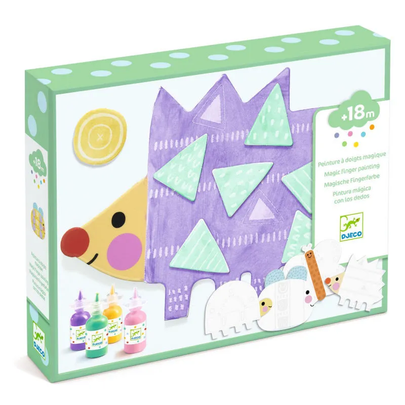 Hérisson violet avec triangles colorés, kit de peinture à doigts magiques Petites formes DJECO 8984 incluse.