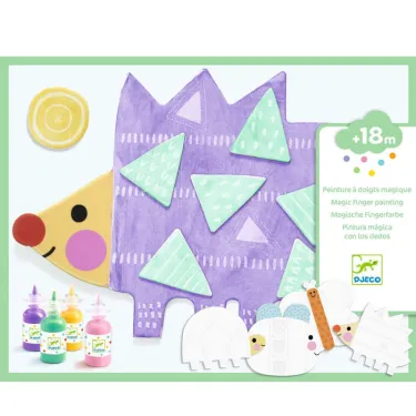 Plein d’empreintes et formes colorées : set de peinture à doigts magique Petites formes DJECO 8984 avec hérisson violet et bouchons peinture dès 18 mois.