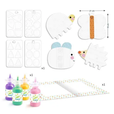 Kit de peinture à doigts magique Petites formes DJECO 8984 : modèles découpés animaux et formes, puzzle à assembler, et 4 couleurs de peinture + planche de papier à motif.