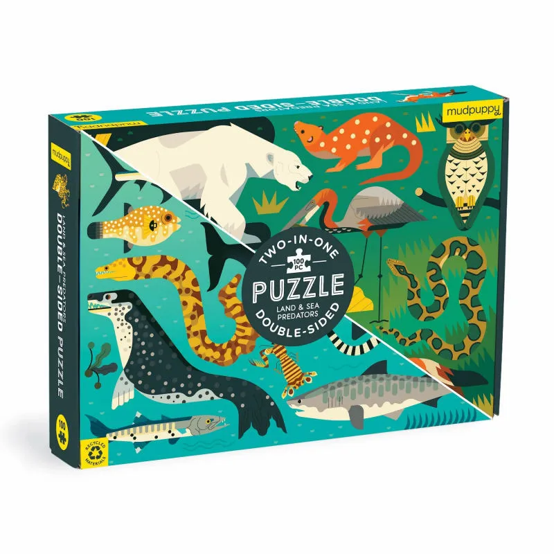 Puzzle double face 100 pcs "Prédateurs terrestres et marins" Mudpuppy
