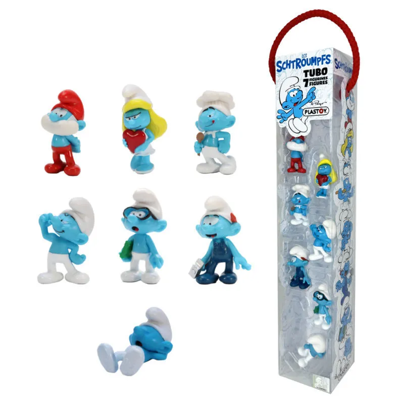 Tubo SCHTROUMPFS : 7 figurines plastoy bleues, costumes et accessoires variés, figurines de schtroumpfs posées.