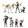 7 figurines Plastoy: personnages Cowboys Lucky Lucke, Dalton, Joly Jumper et Rantanplan avec accessoires, plus boîte emballage colorée et poignées