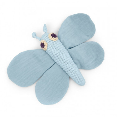 Doudou hochet "Papillon bleu" en coton bio - Myum - The veggy toys