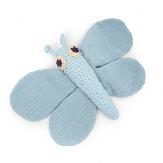 Doudou hochet "Papillon bleu" en coton bio - Myum - The veggy toys
