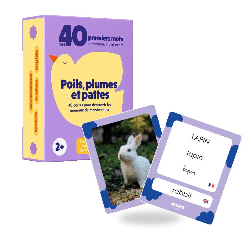 Imagier Animaux - Poils, plumes et pattes - 40 Cartes Flash OBSERVE Edition