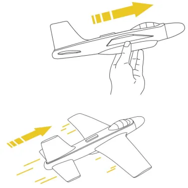 Petit planeur jaune DJECO 2100 “Fire Jet” présenté en deux positions: lancé et en vol avec direction de mouvement en jaune.