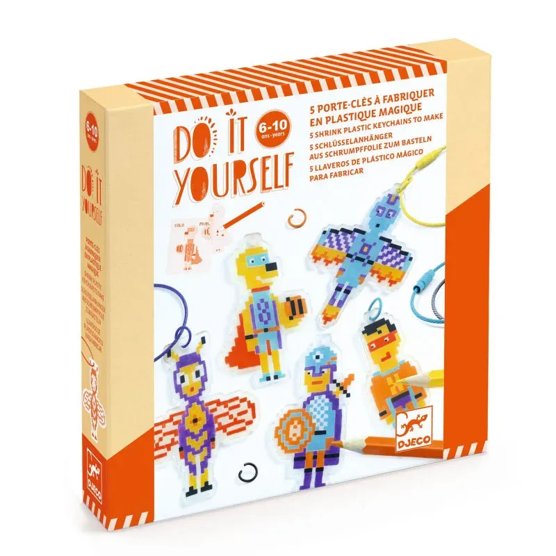 Porte-clés à fabriquer en plastique magique "Héros Pixel Art" DIY DJECO 79005