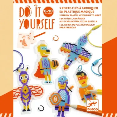 Porte-clés à fabriquer en plastique magique "Héros Pixel Art" DIY DJECO 79005