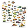AutocollantsTatouages Bolides DJECO 9916 : planches de stickers voitures de course colorées avec pilotes et symboles (flammes, trophées, drapeaux à damier).