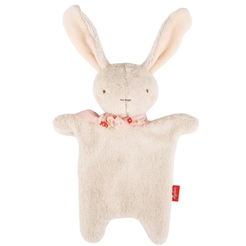 Doudou lapin blanc SIGIKID 31273 en tissu éponge, peluche douce avec oreilles longues et ruban rose à motifs, forme de gant.