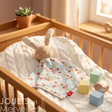 Doudou lapin SIGIKID 31269 en peluche éponge beige et tissu à fleurs dans un lit bébé en bois.