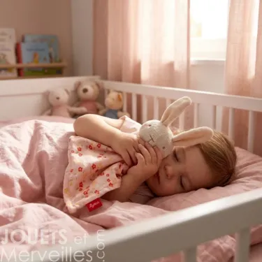 Doudou lapin SIGIKID 31274 en tissu rose à fleurs, bébé dormant dans un lit bébé, entouré de peluches et couverture rose.