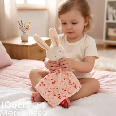 Doudou lapin SIGIKID 31274 en tissu rose à fleurs, bébé assis sur le lit tient la peluche avec son drap floral.