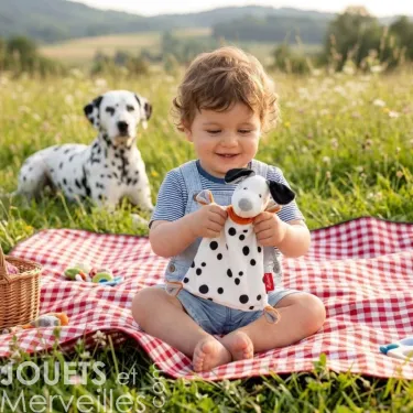 Doudou chien dalmatien SIGIKID 43594 tenu par un petit garçon assis sur une couverture rouge et blanc à l’extérieur, avec un Dalmatien en arrière-plan.