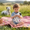 Doudou chien dalmatien SIGIKID 43594 tenu par un petit garçon assis sur une couverture rouge et blanc à l’extérieur, avec un Dalmatien en arrière-plan.