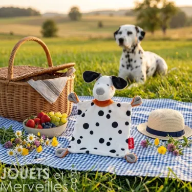 Doudou chien dalmatien SIGIKID 43594 sur une couverture à carreaux lors d’un pique-nique en plein air, avec panier, fruits et chapeau.