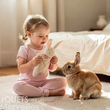 Petite fille en tenue rose jouant avec un doudou lapin blanc en tissu éponge, devant un lapin nain.