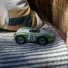 Voiture de course Viglietta Playforever Birdy verte sur un drap rayé, numéro 8, capot blanc et pilote casqué bronze réfléchissant.