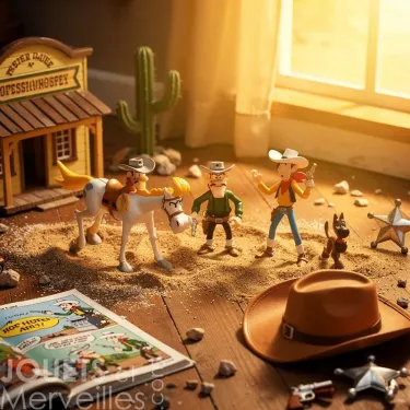 Tubo LUCKY LUKE - 7 figurines PLASTOY : scène western miniatures avec cowboys, cheval, chien, et décor Far West.