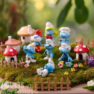7 figurines PLASTOY: les schtroumpfs bleus en miniatures jouant dans un jardin rempli de champignons et fleurs.
