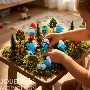 Miniature Schtroumpfs en figurines plastoy sur un décor forestier, enfants manipulant les lutins au milieu des arbres et champignons.