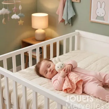 Doudou Miffy en crochet - Just Dutch, rose pastel: bébé dormant dans lit blanc, câlinant son doudou en crochet blanc et rose.