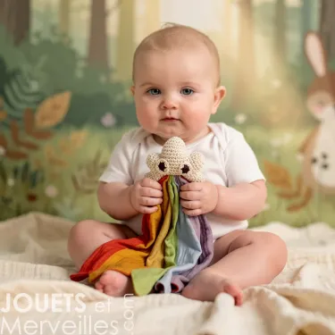 Doudou en coton bio « Nuage arc-en-ciel » : bébé tenant un hochet-tissu multicolore à l’arrière-plan féerique.