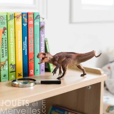 Yangchuanosaure, figurine dinosaure PAPO 55100, sur une étagère avec des livres pour enfants et une loupe à côté.
