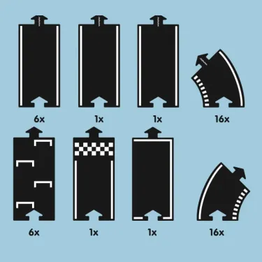 Circuit Grand Prix Waytoplay, coffret 24 pcs: pièces noires avec lignes droites et courbes avec motif damier, fond bleu.