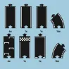 Circuit Grand Prix Waytoplay, coffret 24 pcs: pièces noires avec lignes droites et courbes avec motif damier, fond bleu.