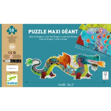 Puzzle géant Léon le dragon, 58 pièces DJECO, scène colorée de dragon en cours d’assemblage sur fond bleu, dimensions 1m38.