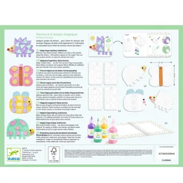 Peinture à doigts magique pour les petites formes Djeco 8984 : emballage montrant des formes animaux à colorier avec outils et fioles de peinture pastel.