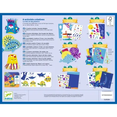 Coffret d’activités créatives pour enfant La mer et ses plaisirs par DJECO, image montrant les six activités et motifs marins co