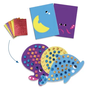 Boîte d’activités créatives pour enfant La mer et ses plaisirs, showing des poissons colorés à perles et cartes à décorer DJECO