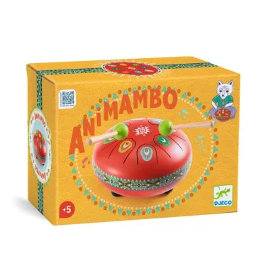 Tambour Drum DJECO 6039 rouge The Mambo avec baguettes et décor coloré, boîte emballage pour enfants.