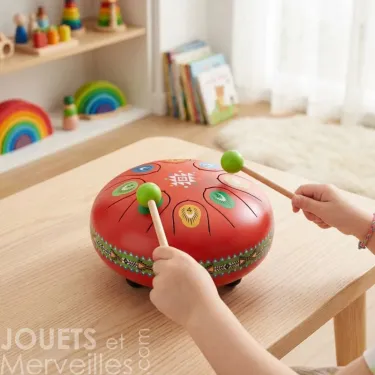 Tambour à languettes rouge métallique DJECO 6039 posé sur une table, deux baguettes frappant les touches colorées.