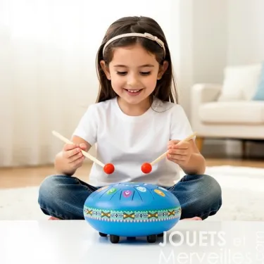 Jeune fille assise sur le sol joue du tambour à languettes bleu métallique, utilisant deux baguettes en bois sur un grand tambour DJECO.