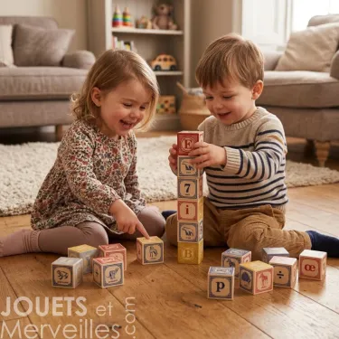 Deux enfants jouent avec des cubes alphabet Uncle Goose, empilant des lettres et des images sur un parquet.