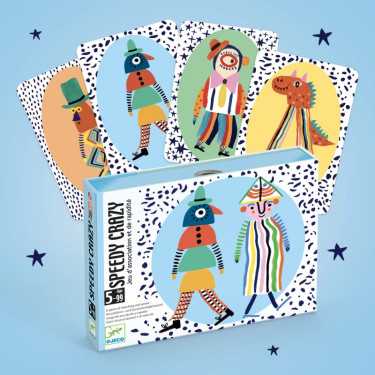 boite SPEEDY CRAZY, jeu de cartes DJECO 5069, fond bleu avec 4 cartes du jeu
