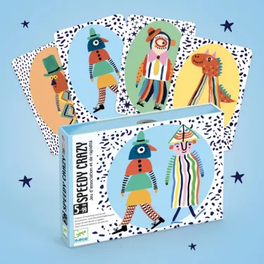 boite SPEEDY CRAZY, jeu de cartes DJECO 5069, fond bleu avec 4 cartes du jeu