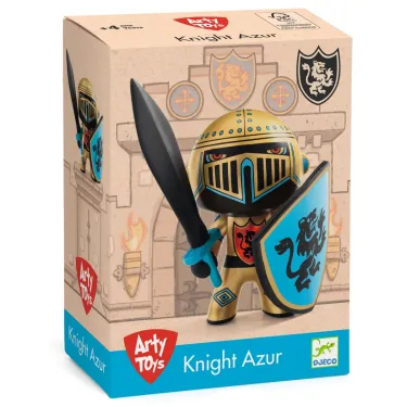 packaging en carton avec illustration de KNIGHT AZUR Djeco 6854 figurine Arty Toys en armure dorée avec bouclier bleu et épée noire en main