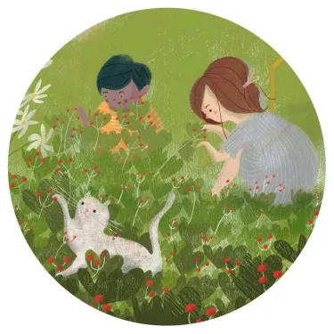 Deux enfants dans un champ de verdure cueillent des fleurs près d’un chat blanc au crochet de fleurs rouges, extrait puzzle DJECO 7689.