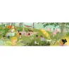 Pique-nique estival dans un parc: enfants et adultes profitant du soleil près de la plage, hamacs, parasols et fleurs. Puzzle 350 pcs DJECO.