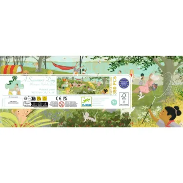 vue arrière boite de puzzle 350 pièces « A Summer's Day » DJECO 7689, scène estivale colorée avec enfants Jouant près d’un jardin et en bord de mer.
