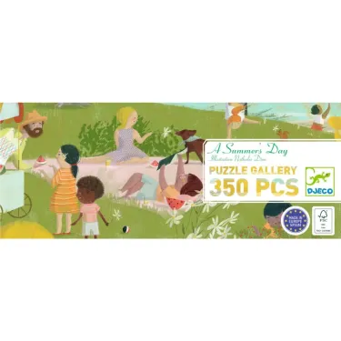 Puzzle A Summer's Day - Galerie 350 pcs DJECO 7689: scène estivale colorée avec enfants et animaux dans un parc.